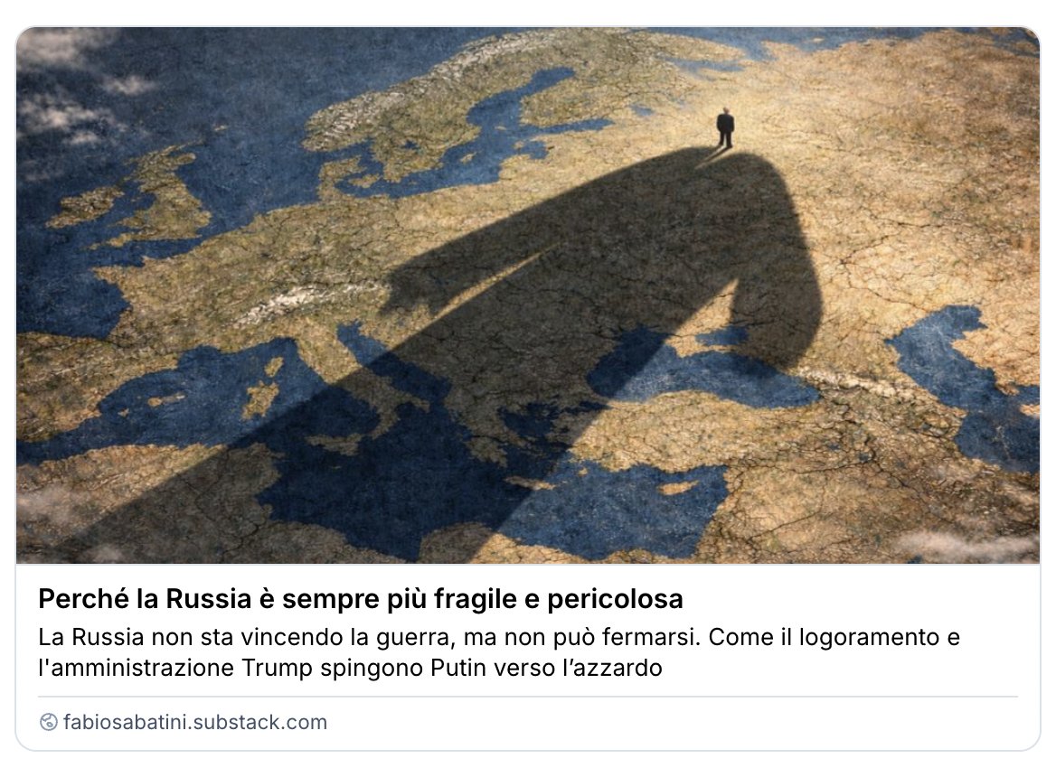 🧵 La Russia non sta vincendo la guerra ed è sempre più fragile, ma proprio per questo è sempre più pericolosa.
  
Gli interventi del premier finlandese Stubb e di Zelensky vanno letti insieme, perché inquadrano lo stesso snodo strategico che l’Europa sta attraversando.  

1/7