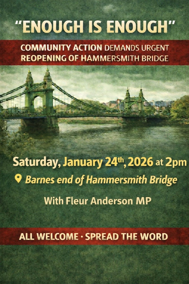 Tomorrow! Putney and Roehampton residents are fed up with the impact of the closure of Hammersmith Bridge nearly 7 years ago and the 6 bus routes that used it. 

With <a href="/CllrSimonHogg/">Simon Hogg</a> and <a href="/LeonieC/">Leonie Cooper AM</a> Assembly Member.

Minister letter below.

Sign up here: lnkd.in/ek3K2N2b