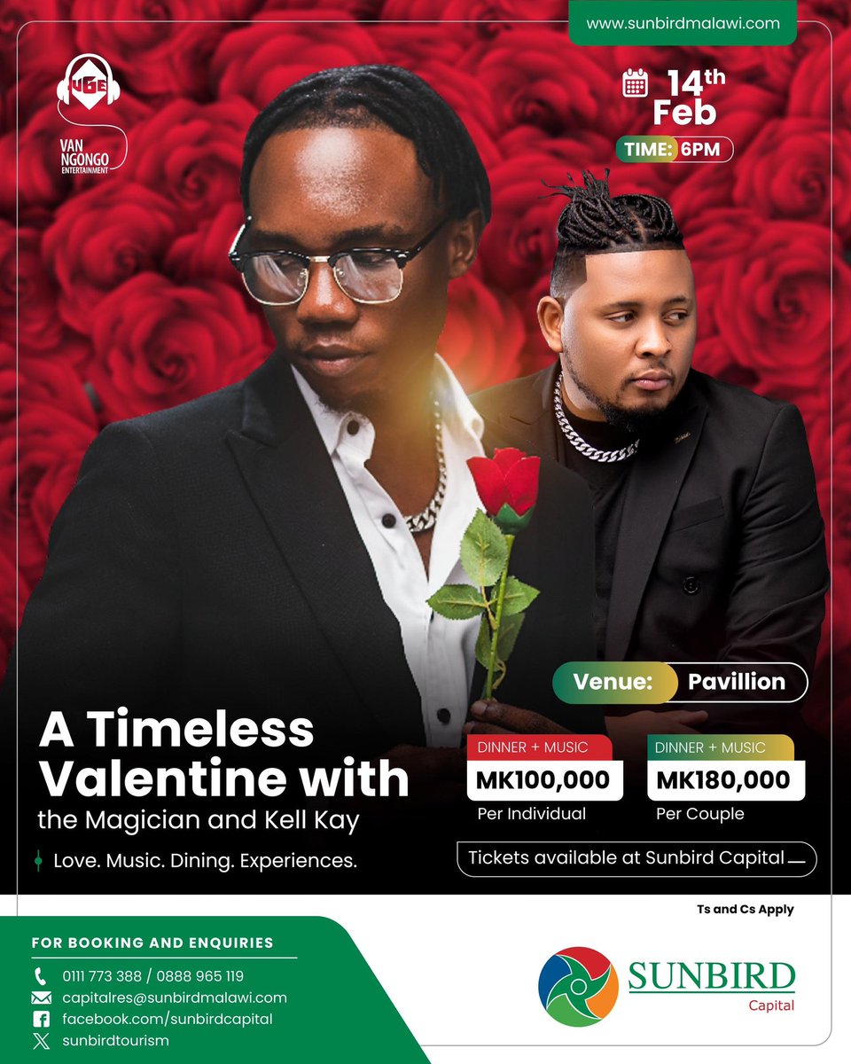 Experience a Timeless Valentine with Driemo and Kell Kay at Sunbird Capital.

A night of romance❤️, delectable cuisine 🍽and live music 🎷entertainment.

Get your tickets at Sunbird Capital.

#timelessvalentine
#driemo
#KellKay