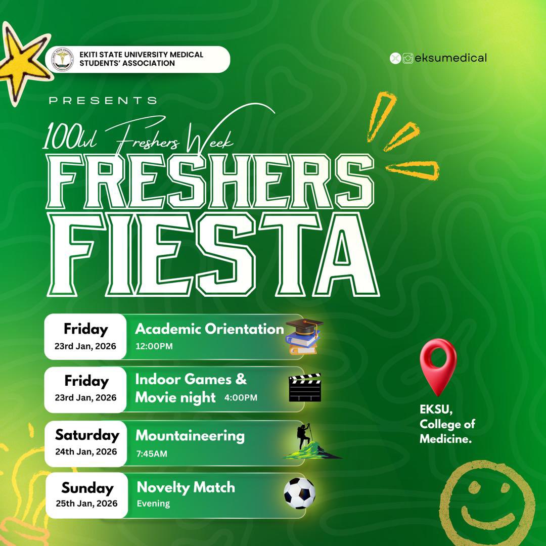 EksuMedical's tweet photo. The Ekiti State University Medical Students’ Association proudly presents :

🎉 100 Level Freshers Fiesta🎉

A fun-filled welcome for our newest medical students.
Orientation, games, bonding, and memories you don’t want to miss😎 https://t.co/4MAEYr3YQQ
