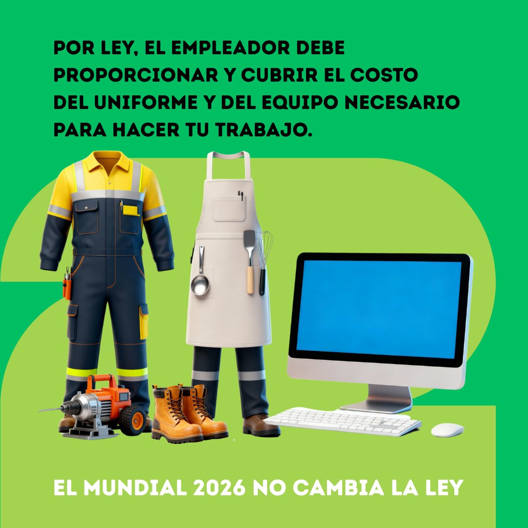⚒️Si en tu trabajo te piden uniforme, delantal, zapatos o equipo, NO tienes que pagarlo tú.  
Por ley, el empleador debe proporcionar y cubrir el costo del uniforme y del equipo necesario para hacer tu trabajo.  Esto aplica en hoteles, restaurantes, limpieza y servicios, también