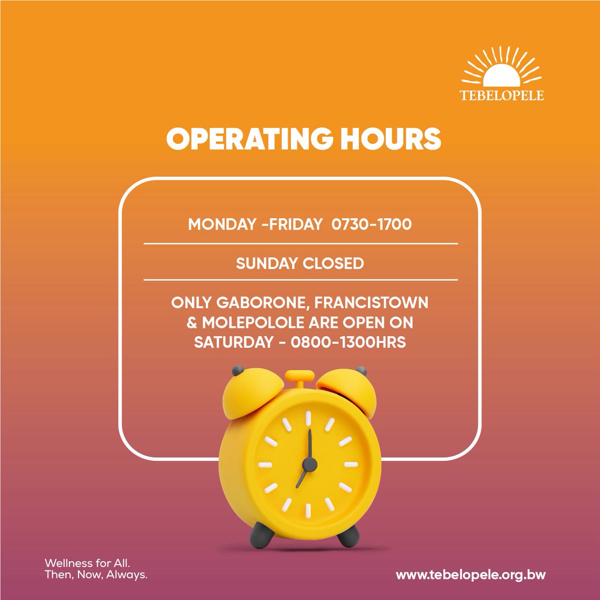 Good health starts with knowing when to visit.

Our doors are open to serve you with care, dignity, and professionalism.

Visit your nearest Tebelopele Wellness Center and take charge of your health.

#TebelopeleForYou