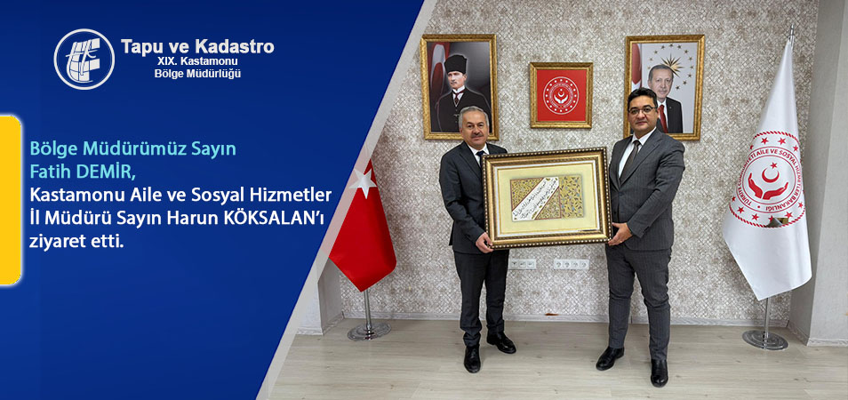 Bölge Müdürümüz Sayın Fatih DEMİR, Kastamonu Aile ve Sosyal Hizmetler İl Müdürü Sayın Harun KÖKSALAN'a iade-i ziyarette bulunmuşlardır.
tkgm.gov.tr/kastamonu-bm/b…