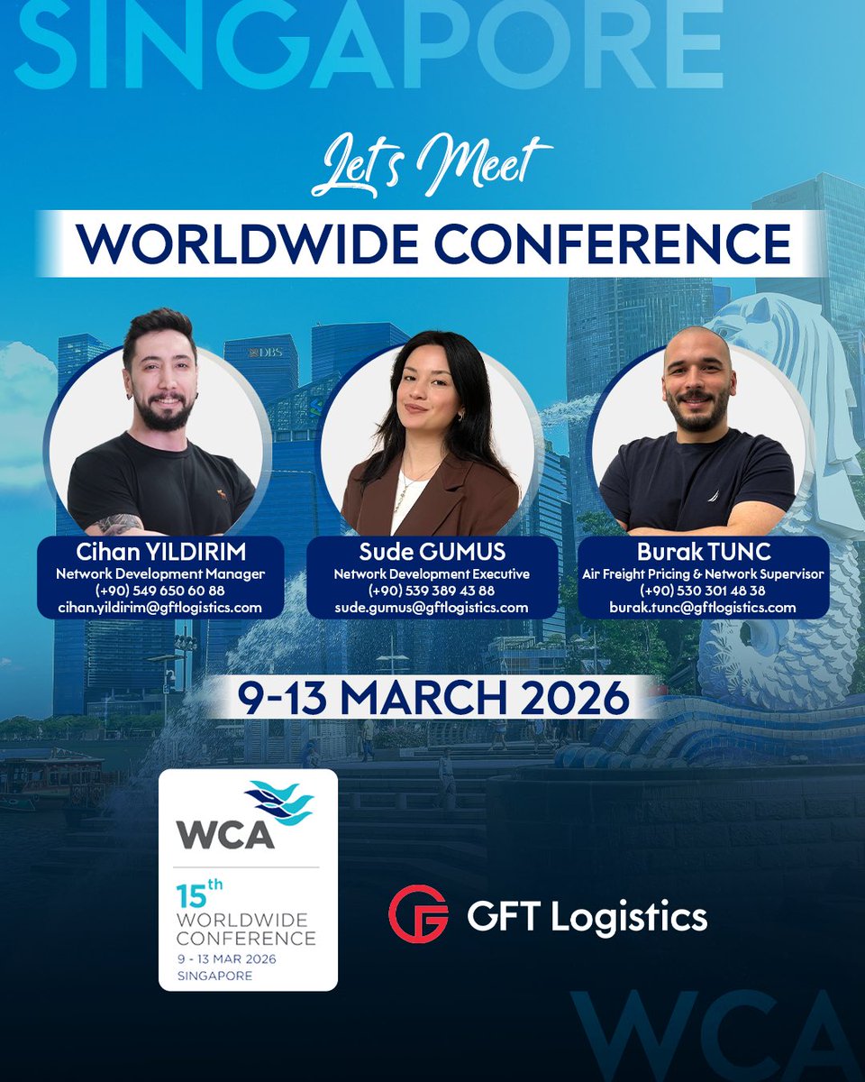 As GFT Logistics, we are pleased to take part in the WCA 15th Worldwide Conference, taking place in Singapore from March 9–13, 2026. #WCA