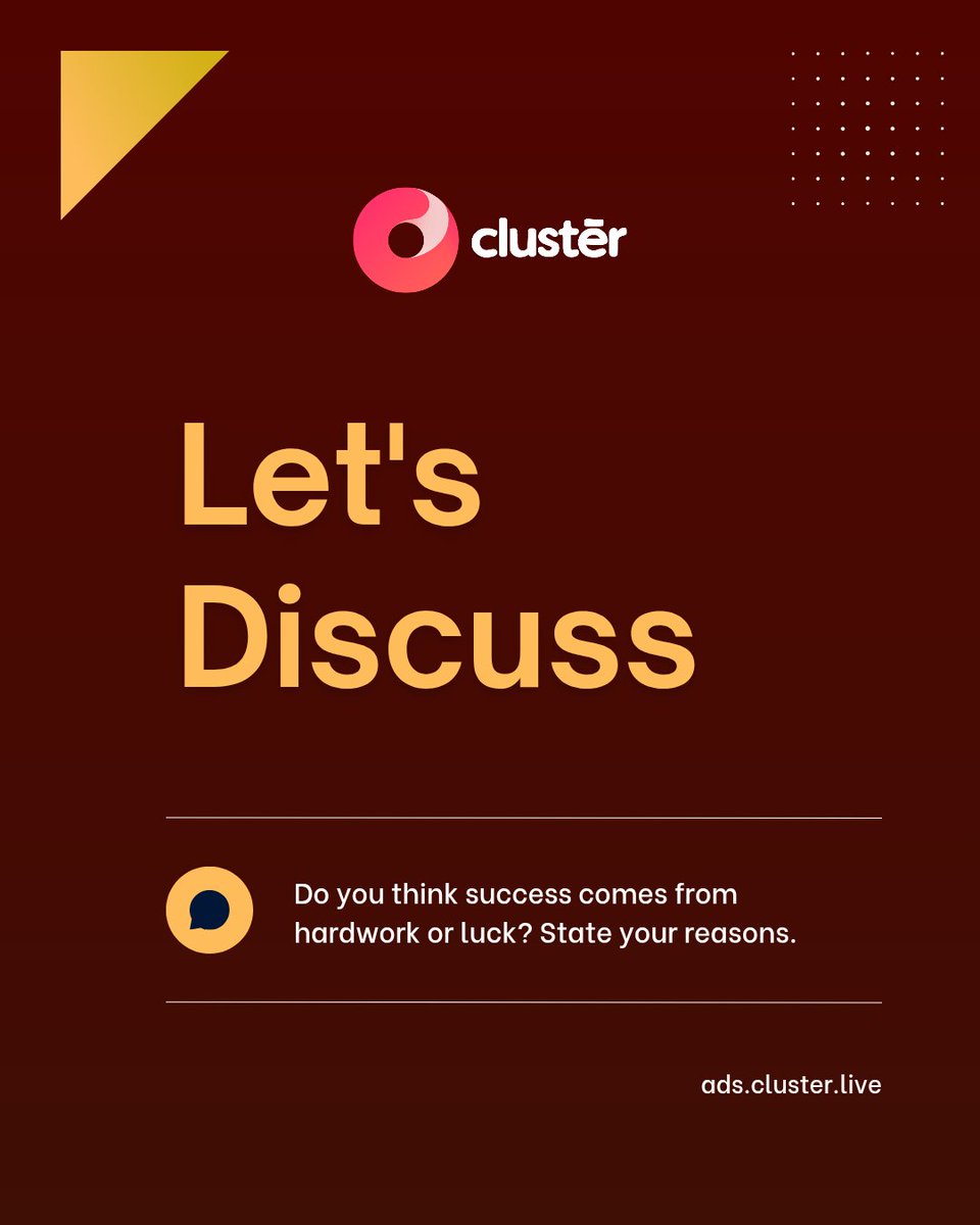 clusterliveapp's tweet photo. Hard work or luck — which truly creates success?
No right or wrong answers here, just real experiences.
#ClusterLive #tgif #friday #HardWorkVsLuck #SuccessTalk #GrowthMindset #LifeDiscussions #CommunityVoices #LetsTalk #YourOpinionMatters #DailyDebate #growth https://t.co/55FuvzoWvP
