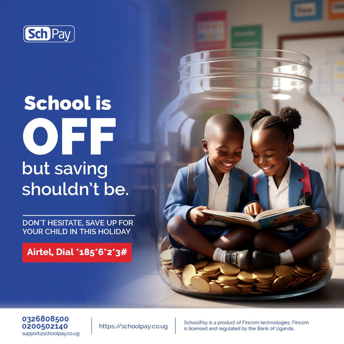 CEOEastAfrica's tweet photo. #AD: While the Children enjoy their holidays, laugh, and dream. You can quietly build their tomorrow.
Holidays are the perfect time to save for school without feeling the pressure.
📞 Dial *185*6*2*3# on @Airtel_Ug.
#SchPay #Education #Savings https://t.co/FrwrTbecGV