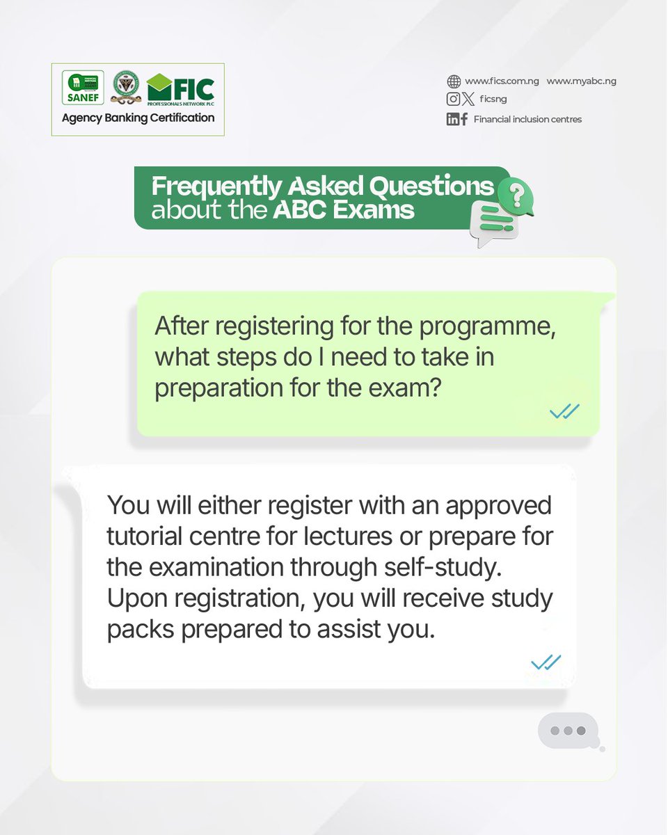 abcertprogram's tweet photo. FAQs About The ABC Exams

We wish you success in your Exams

 #ABCNG #CIBN #Agencybankingcertificate #Certifiedagentbanker #Februaryexams #Bankingprofessionals #FinancialInclusion https://t.co/2hRoX0L1i3