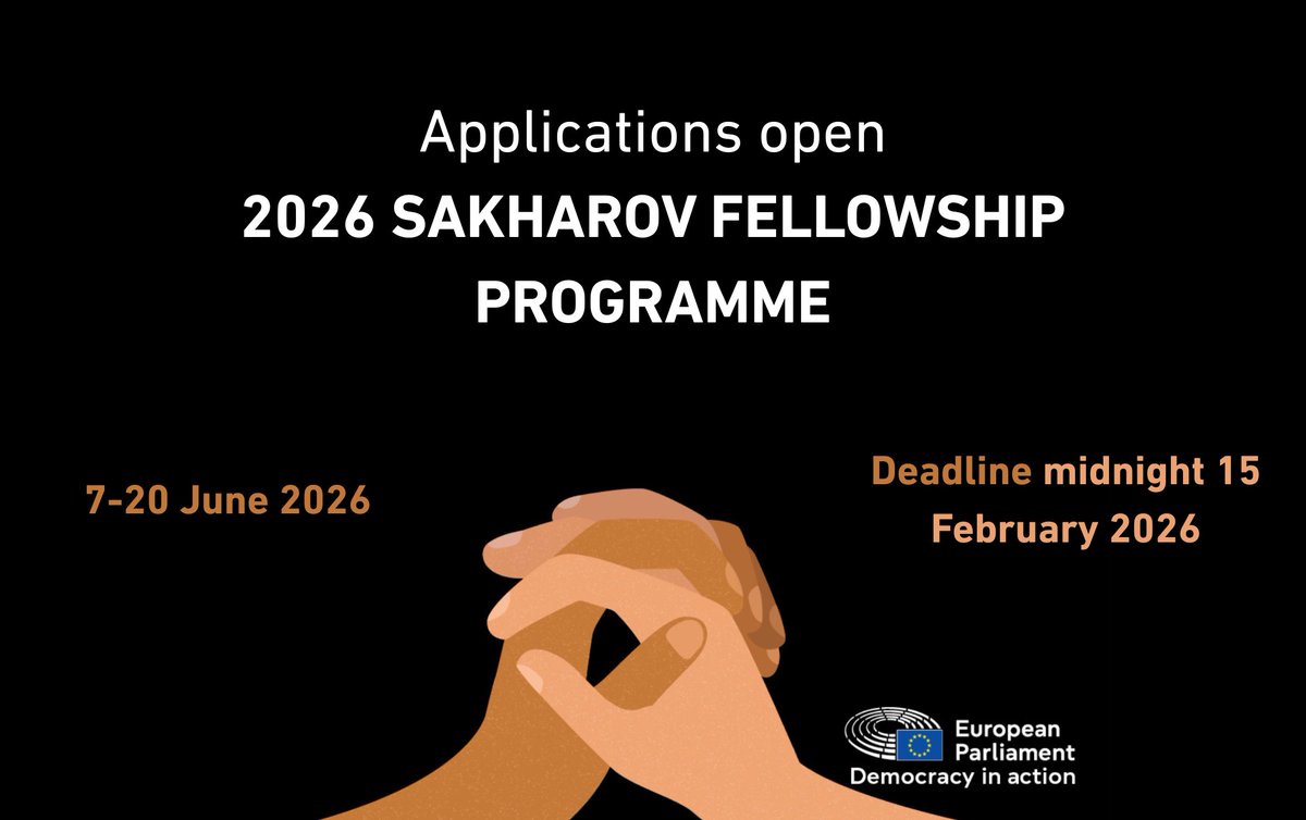 EUinNigeria's tweet photo. 📯Call for Applications: Sakharov Fellowship for Human Rights Defenders are now open!
✅14 positions for human rights defenders from non-EU countries
✅2 -week intensive training
🕊️Join the Sakharov Community of human rights defenders
Ends: 15 Feb. 2026 https://t.co/I3ODLNtTDh https://t.co/R1SP9zx6Js