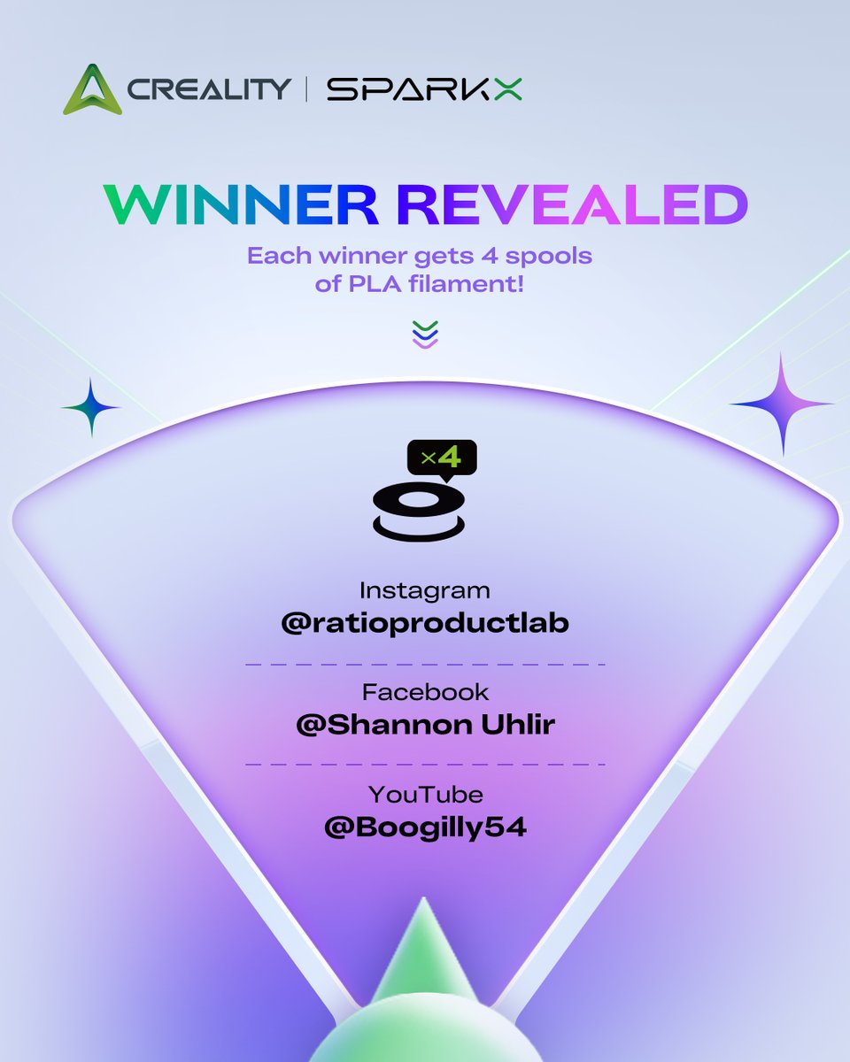 Creality3dP's tweet image. 🎉 SPARKX i7 Wheel Award winners are in!
Congrats to our 3 winners—each gets 4 spools of PLA filament 🎁
Thanks for joining. More giveaways coming soon!
#creality #SPARKXi7 #SPARKX #3dprinter #3dprinting