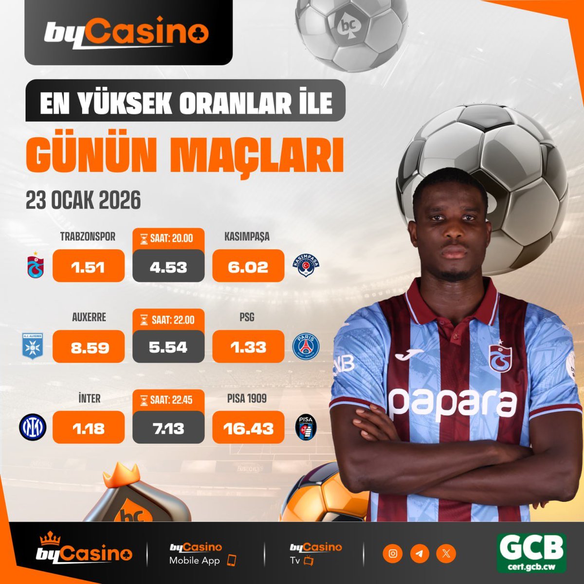 ⚽️⚾️🥎🏀 GÜNÜN MAÇLARI ⚽️

💪 Spor Bahislerinde 💯 Ekstra Oran!

💯 %100 Spor Hoşgeldin Bonusu !

📱 Bahis Düzenleme Seçeneği İle Bahislerin Senin Elinde !

📺 Bycasinotv İle Kesintisiz HD Maç Yayını!

📣 Bycasino’da Kazanç Keyfini Doruklara Çıkar! 
cutt.ly/bycasino2026