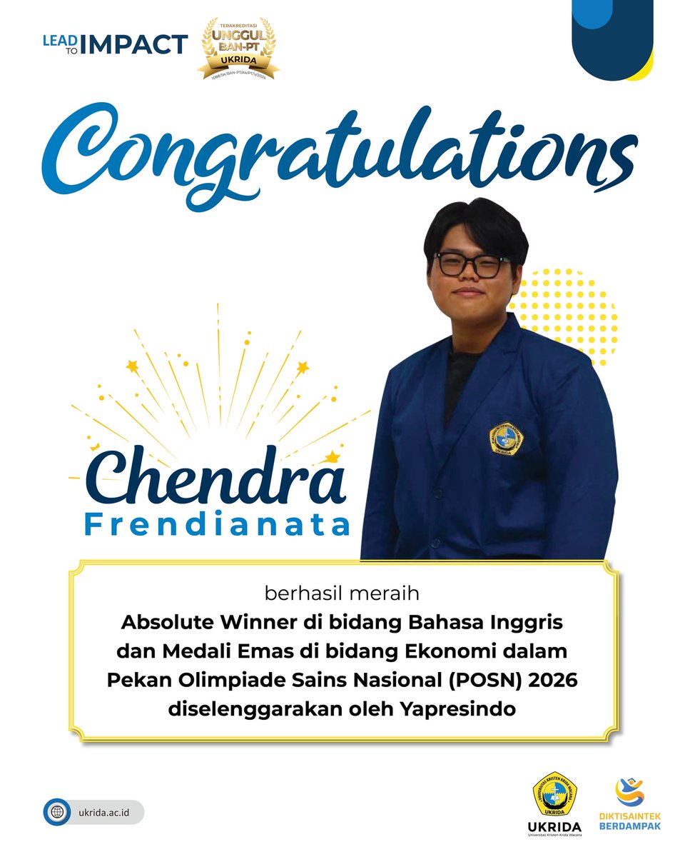 🎉 Congratulations! 🎉

Chendra Frendianata, mahasiswa Sistem Informasi, atas prestasi membanggakan yang telah diraih sebagai Absolute Winner di bidang Bahasa Inggris serta peraih Medali Emas di bidang Ekonomi pada POSN 2026 yang diselenggarakan oleh Yapresindo.