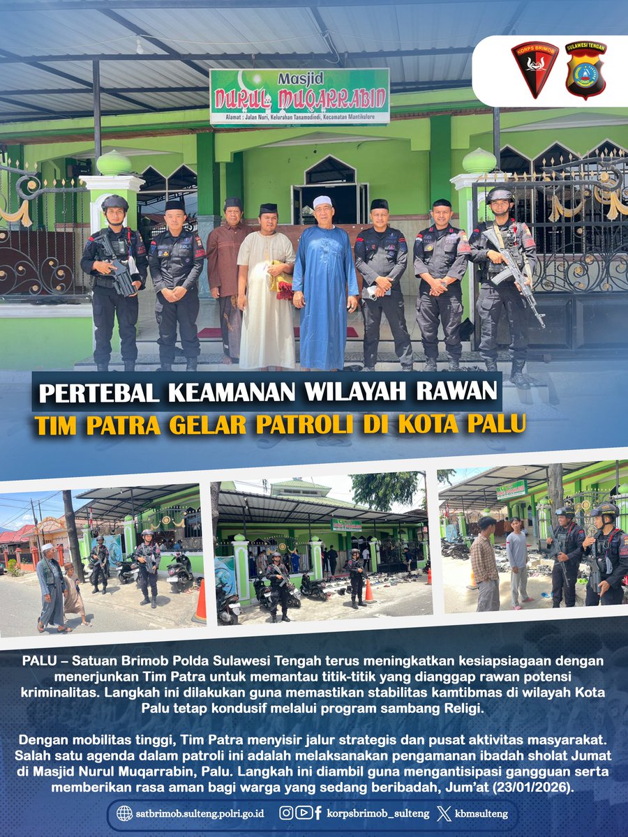 PALU – Satuan Brimob Polda Sulawesi Tengah terus meningkatkan kesiapsiagaan dengan menerjunkan Tim Patra untuk memantau titik-titik yang dianggap rawan potensi kriminalitas. Langkah ini dilakukan guna memastikan stabilitas kamtibmas di wilayah Kota Palu tetap kondusif.