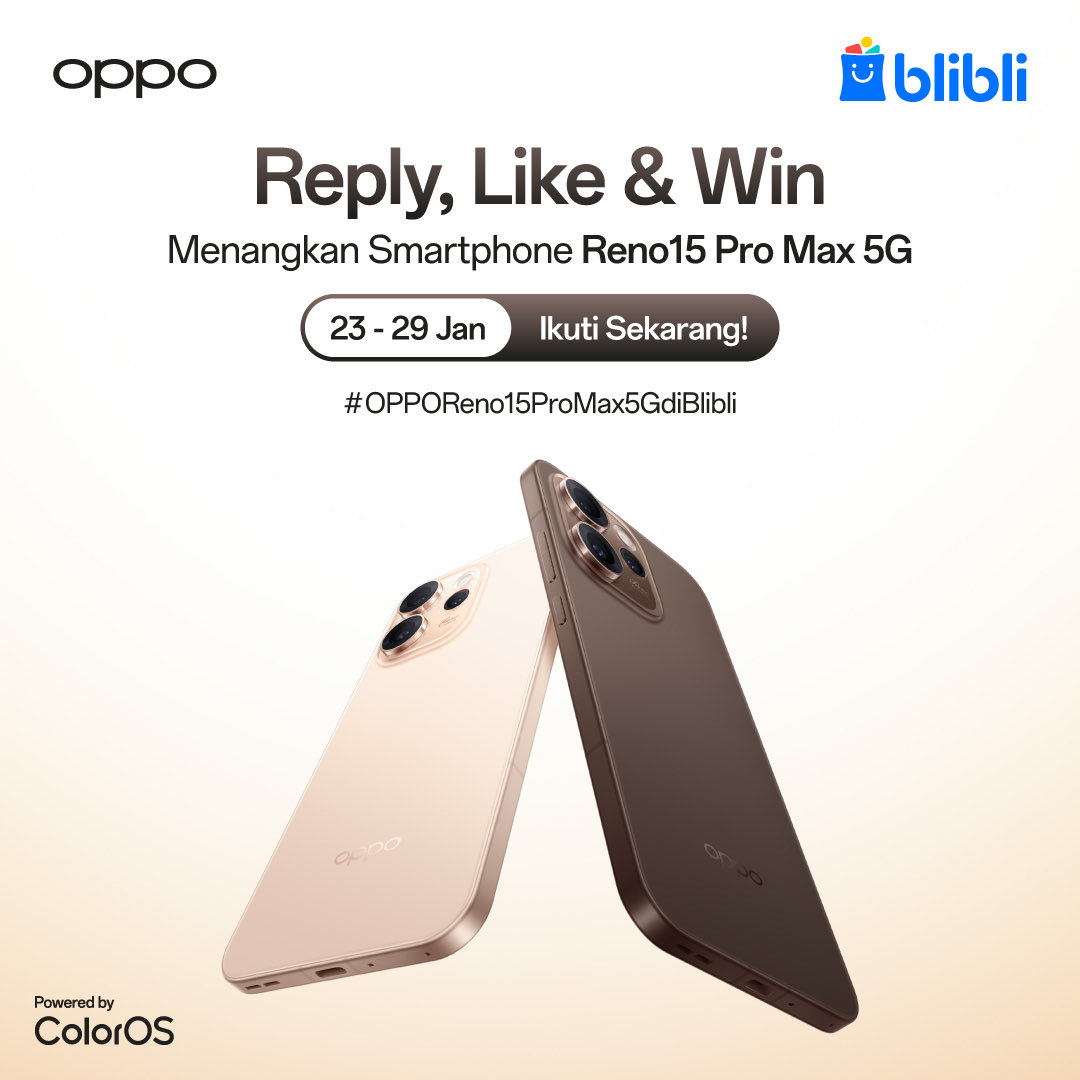 Yuk ikutan Giveaway Spesial dari OPPOxBlibli! 
🎉 Menangkan 1 OPPO Reno 15 Pro Max 5G GRATIS hanya dengan langkah ini!

1. Follow akun <a href="/OPPOIndonesia/">OPPO Indonesia</a> dan <a href="/bliblidotcom/">Blibli</a>
2. Retweet &amp; like postingan ini 
3. Tulis : Aku mau OPPO Reno 15 Pro Max 5G
4. Reply dan Quote Tweet