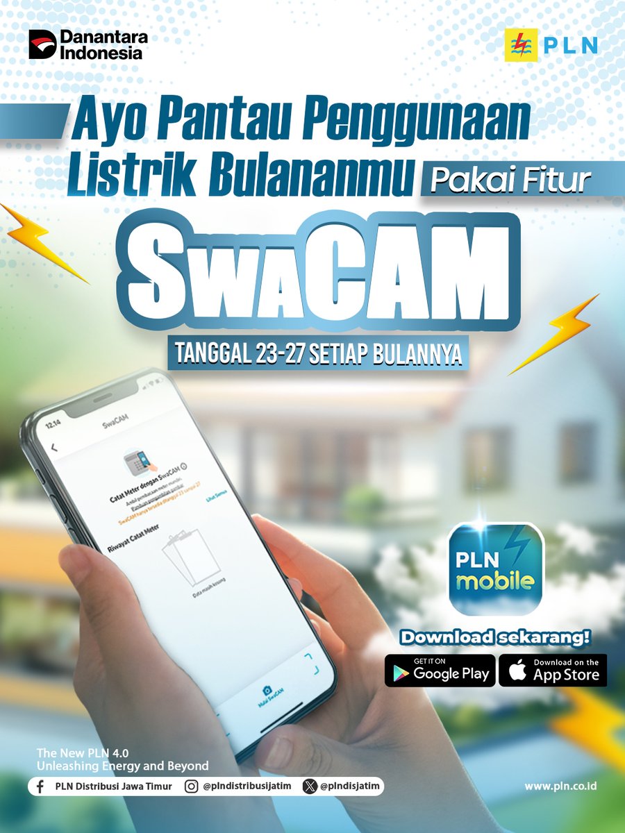 Halo Dulur Electrizen,

Sudah tanggal 23 lagi nih saatnya pantau penggunaan listrik di rumahmu pakai fitur SwaCAM. 

Praktis, cepat, tanpa repot, nggak perlu menunggu petugas datang.

#PLN
#PLNDisjatim
#PLNMobile
#swacamplnmobile