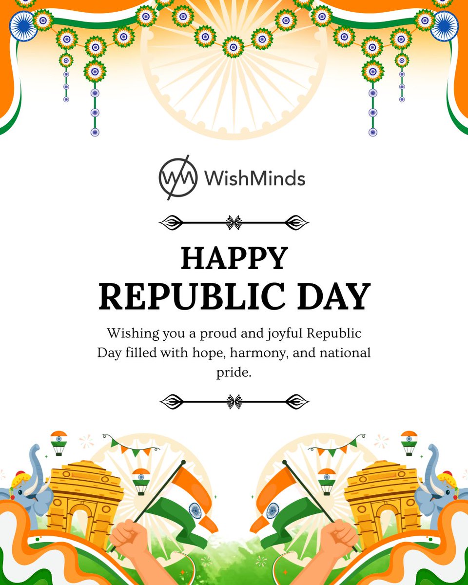 Today, we celebrate the values that define our nation — freedom, unity, and democracy. 🇮🇳
Happy Republic Day!

Honouring our values and vision
E-mail : hi@wishminds.com
Website : wishminds.com

#RepublicDay #WishMinds #ProudIndian
#UnityInDiversity #NationFirst