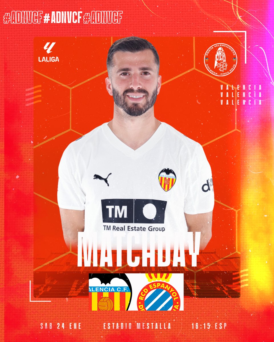 ¡Este sábado Mestalla vuelve a ser nuestro fortín! 🦇⚪🔴

Valencia CF 🆚 RCD Espanyol
Jornada 21 | LaLiga EA Sports
📅 24 enero - 16:15 h
🏟️ Camp de Mestalla

A defender el escudo y a por los 3 puntos delante de nuestra afición. 💪🔥

#ADNVCF #VamosValencia #ValenciaEspanyol