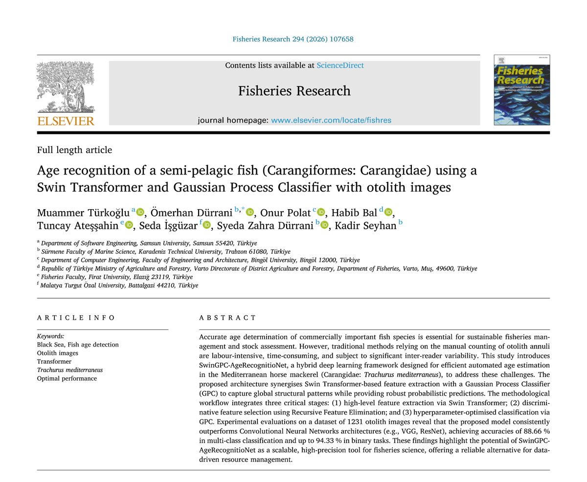 [My 1. paper in 2026 – Q2]
AI-based age estimation from otolith images (Swin Transformer + Gaussian Process Classifier), reaching up to 94% accuracy.
Link: doi.org/10.1016/j.fish…