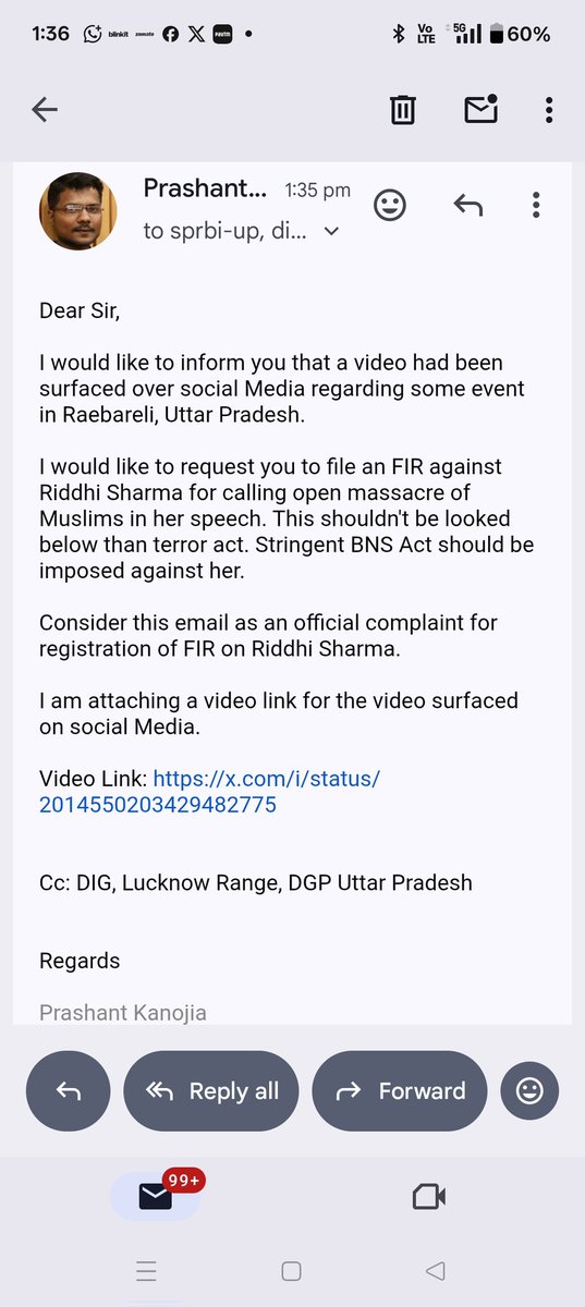 I have filed an official complaint with the SP, Raebareli against the fanatic element Riddhi Sharma for openly calling for the massacre of Muslims.

The complaint has also been forwarded to the DIG, Lucknow Range and the DGP, Uttar Pradesh.

I am ready to personally visit