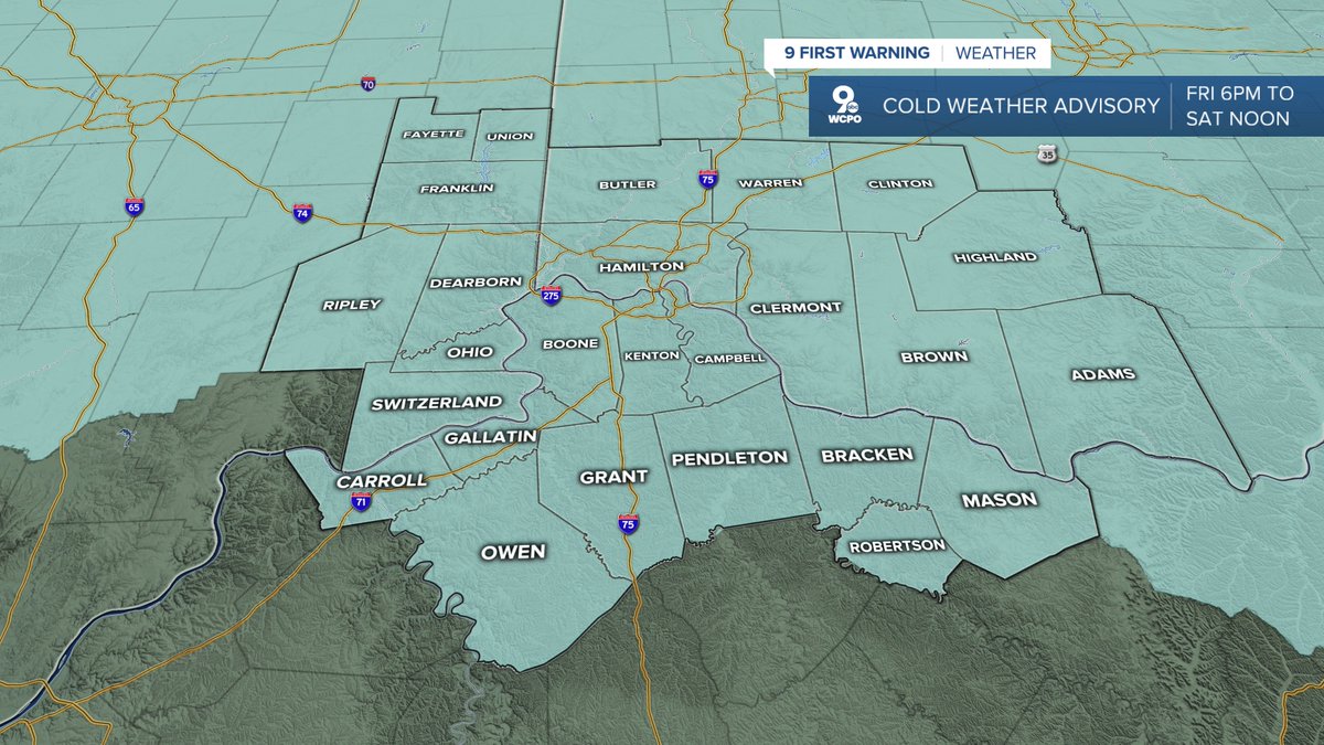MarkStitz's tweet image. 9 FIRST WARNING: A cold weather advisory has been issued for the Tri-State starting at 6 p.m. Friday to noon Saturday. Wind chill values down to -12 degrees are possible, especially early Saturday morning. #cincywx #wcpo