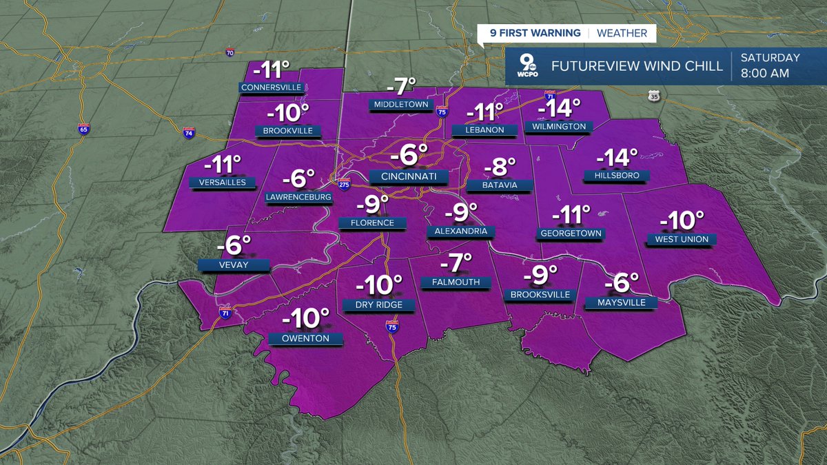 MarkStitz's tweet image. 9 FIRST WARNING: A cold weather advisory has been issued for the Tri-State starting at 6 p.m. Friday to noon Saturday. Wind chill values down to -12 degrees are possible, especially early Saturday morning. #cincywx #wcpo