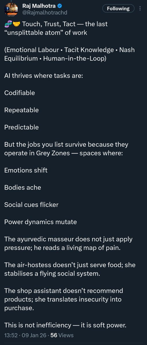 Dein Fleiß ist dein Todesurteil.

Herzlichen Glückwunsch.
Du bist präzise.
Du bist berechenbar.
Du arbeitest nach Regeln.

Du bist "Codifiable".

Und genau deshalb bist du bald Geschichte.
KI liebt alles, was sich programmieren lässt.

Sie frisst das Vorhersehbare zum Frühstück.