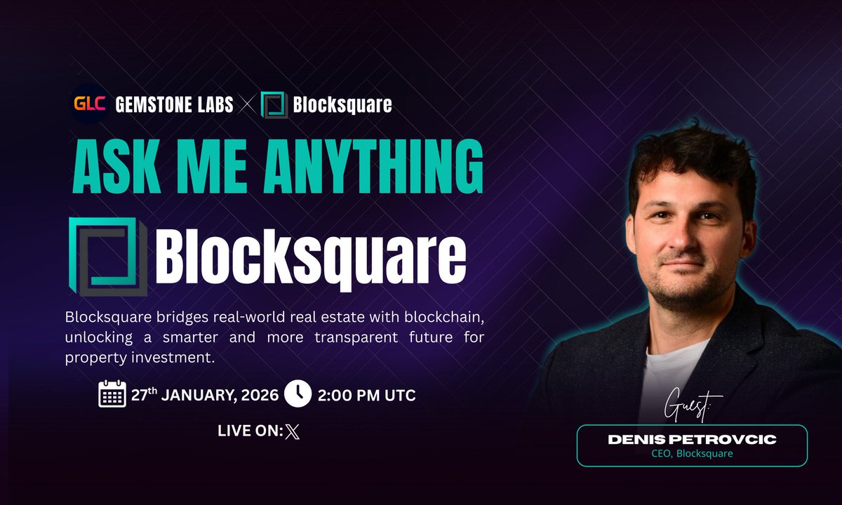GemstoneLabsX's tweet image. Join us for Exclusive X  Space LIVE AMA with @blocksquare_io
🗓️ Date:- 27th, January, 2026
🕰️ Time:- 2:00 PM UTC
💰 Reward for Audience :- $100

🎙️Guest:- Denis Petrovcic 
🎙️Host:- Melanie Acosta 

📌Set AMA Reminder :- x.com/i/spaces/1djGX…
〽️ Rules: 
1️⃣ Follow :-
2️⃣ Like &amp;amp;…