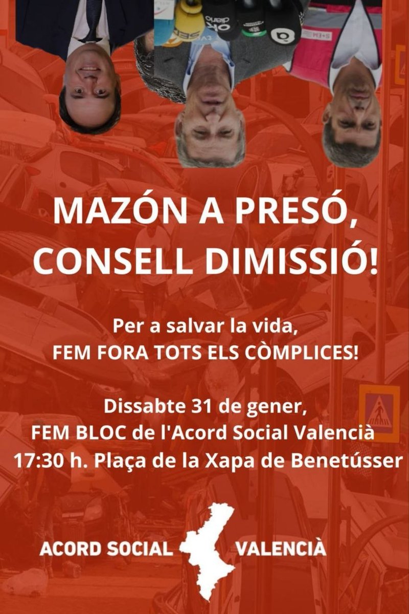 🔴 MANIFESTACIÓ MAZÓN A PRESÓ, CONSELL DIMISSIÓ!

📅 Dissabte 31 de gener
🕝 a les 17:30h
📍Plaça de la Xapa de BENETÚSSER (HORTA SUD)

🔥 Després d’un any de lluita, vam fer fora Mazón.

💪🏽 Però no pararem fins que Mazón i els seus còmplices siguen jutjats i paguen per cadascuna