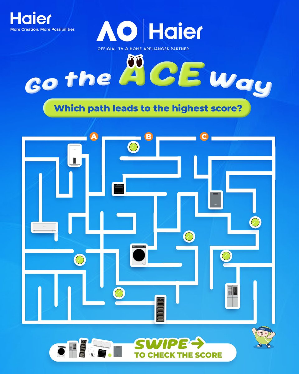 IndiaHaier's tweet image. Happy slam with ACE , Happy life with Haier
Pick your ACE way and conquer the maze! 
Tennis balls and Haier small appliances along the way are all your bonus points!
Drop your choice and points below! 👇

#Haier #AO2026 #OfficialPartner #Tennis
#MoreCreationMorePossibilities