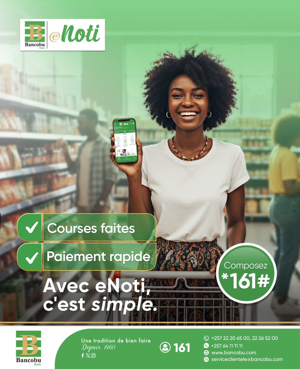 bancobuenoti's tweet photo. ✅ Moins d’attente, plus de liberté et zéro complication

🛒 Payez vos courses avec eNoti en un instant et profitez d’une vie sans stress : la simplicité dans votre quotidien. ✨

Composez #161#

#enoti #bancobu #unetraditiondebienfaire https://t.co/Zj6QycgdMC