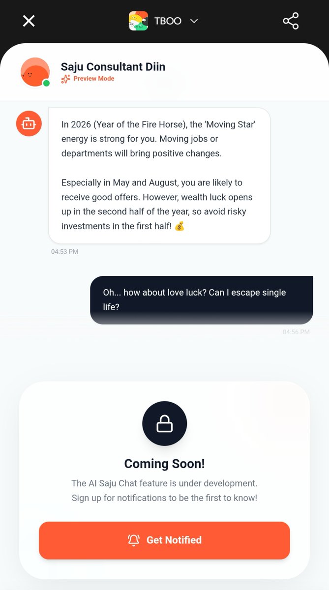 Forget generic horoscopes. Start chatting with your Destiny. 💬

Meet Diin, your personal AI Saju Consultant.
Ask specifically: "Should I change jobs?" "When will I meet someone?"

🚧 Currently in final development.Don't miss the launch. Tap [Get Notified] inside TBOO now! 🔔
