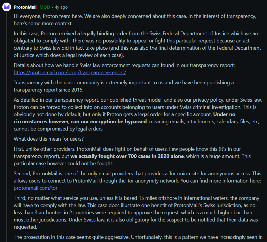 payloadartist's tweet image. It is quite well known that Protonmail has helped trace multiple activists over the last few years who trusted their word.

You would be shocked to hear their own response when confronted about their bold claims.

Proton ≠ Complete Privacy