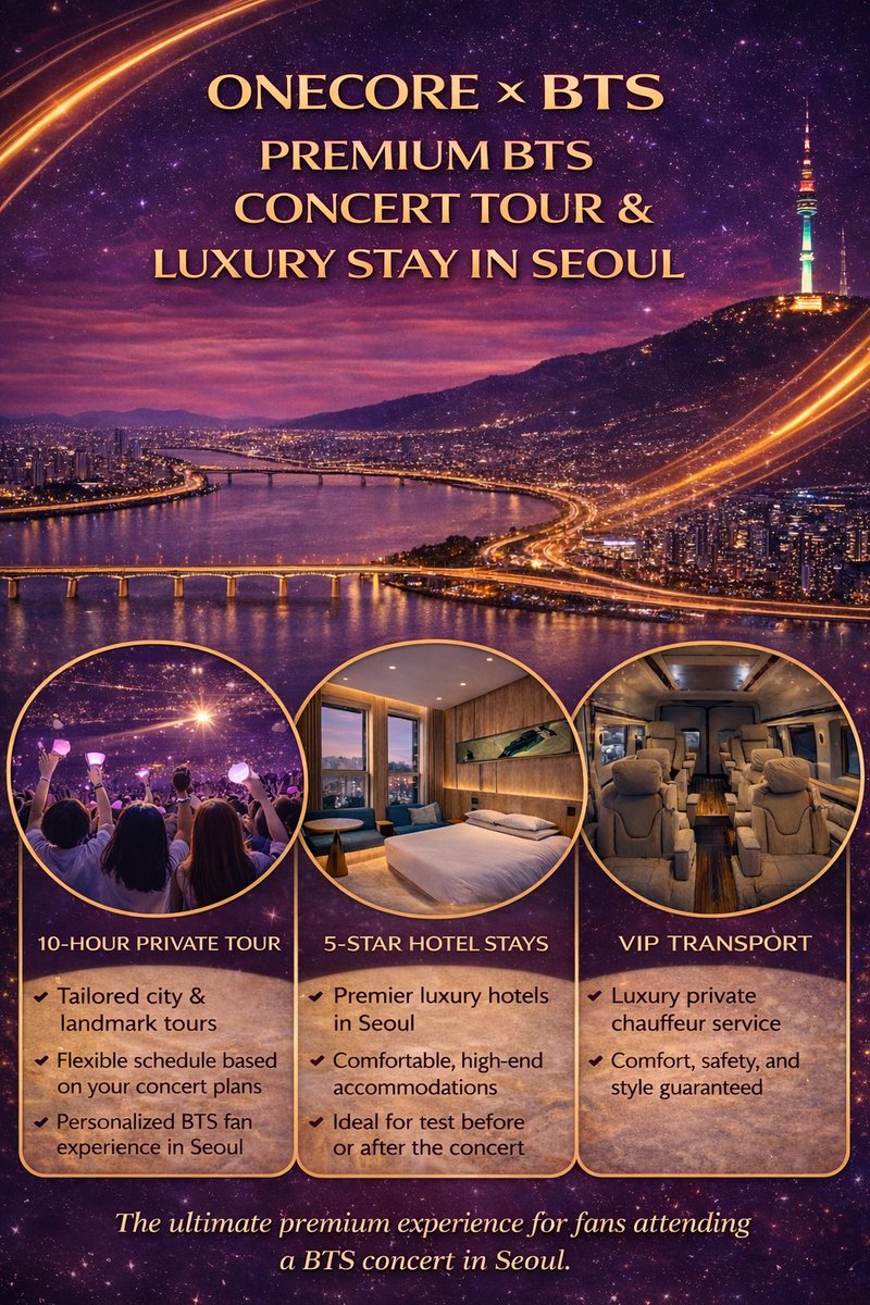 onecore_tw's tweet photo. ONECORE × BTS Premium concert travel, luxury stays &amp; seamless experiences in Seoul. Visit 👉 https://t.co/lGns0nfBLp 

#bts #koreatravel #seoul #kpopconcert #premiumtravel https://t.co/78D0kJVih1