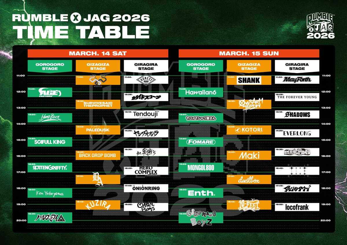 RUMBLE×JAG 2026 （<a href="/rumble_jag/">RUMBLE×JAG 2026</a>）タイムテーブル決定！
BDBは "GIZAGIZA STAGE" にて
3/14（土）15:40~ となります。

チケット一般発売開始！
受付URL：w.pia.jp/t/rumble-jag20…

#backdropbomb #bdb
