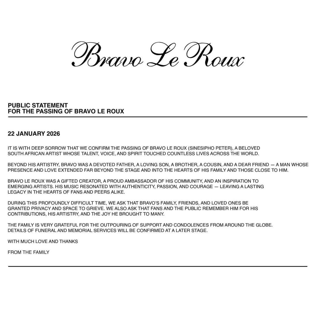 WhyUfikelate's tweet photo. Breaking News:

South African hip-hop artist Bravo Le Roux has died💔🕊️.

More details in the statement below👇 .

#RIPBravoLeRoux https://t.co/xEMB8IuKEh