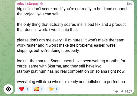 Big sells don’t scare builders,
broken tech and unfinished products do.

$starpay isn’t here to rush something that won’t work.
The focus is clear: ship properly, not quickly.

Look at the market, users have been waiting months for cards from other projects, still dealing with