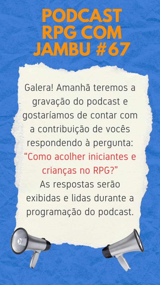 Amanhã tem gravação do Podcast RPG com Jambu #67!

Queremos a sua opinião: “Como acolher iniciantes e crianças no RPG?” 🤔

Suas respostas serão lidas e debatidas ao vivo. Contribua!
