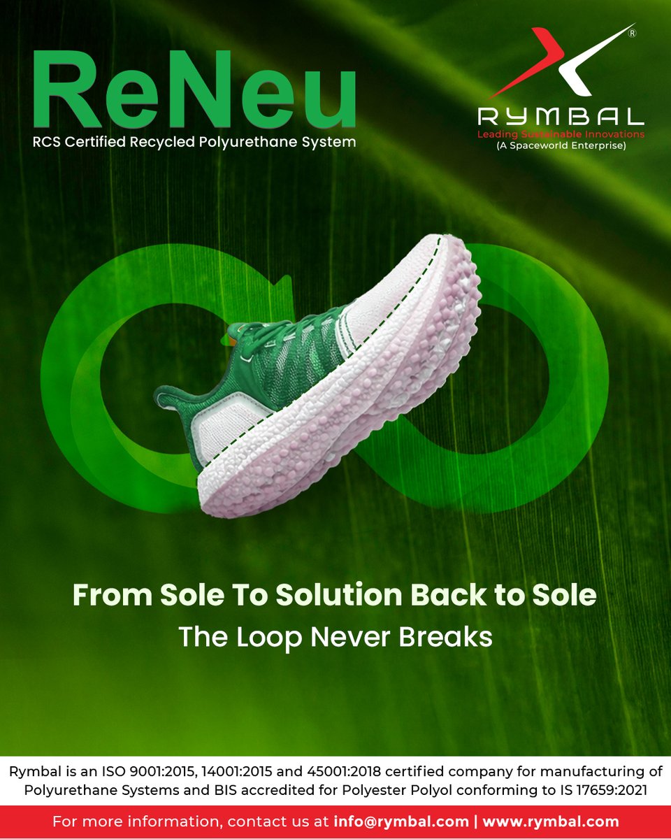 RYMBAL12973's tweet photo. What if your product never truly become waste? ♻️

At Rymbal, we’re enclosing the loop. Used PU soles are chemically recycled into 𝐑𝐞𝐍𝐞𝐮 𝐚 𝟏𝟎𝟎% 𝐫𝐞𝐮𝐬𝐚𝐛𝐥𝐞 𝐩𝐨𝐥𝐲𝐨𝐥 that delivers virgin-like performance, all over again.
@SpaceWorldGroup https://t.co/snlpcmHQbv