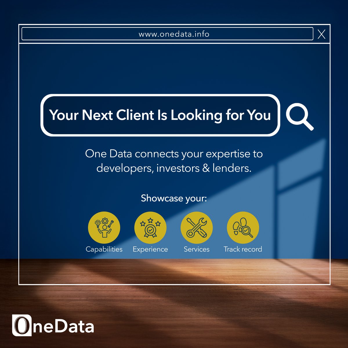 OneDataLtd's tweet photo. Service providers, your next big client is already looking for you.

But can they find you?

With #OneData, your expertise sits right in front of developers, investors and lenders who need trusted partners.

Showcase your:
✅Capabilities
✅Experience
✅Products &amp; services https://t.co/JtFyeiwST8