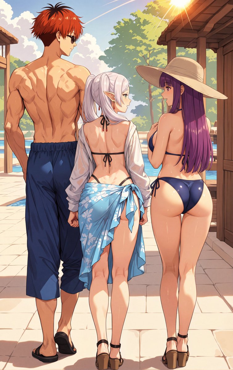 PlatyArty's tweet photo. A fun trip to the pool~!

SFW Illustration of Fern, Frieren, and Stark https://t.co/wOIREyR5uw