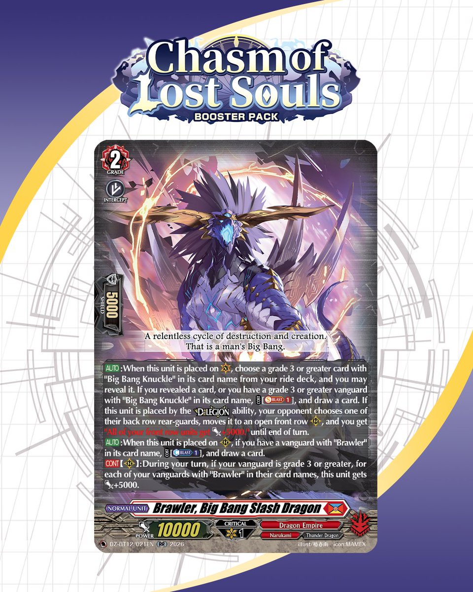 cfvanguard_en's tweet photo. Today's featured card is Brawler, Big Bang Slash Dragon!

Cardfight!! Vanguard Booster Pack 12: Chasm of Lost Souls goes on sale Feb. 27!

🔗 https://t.co/U1aMoggp6Y

#CardfightVanguard #TCG https://t.co/0c5pz82MWU