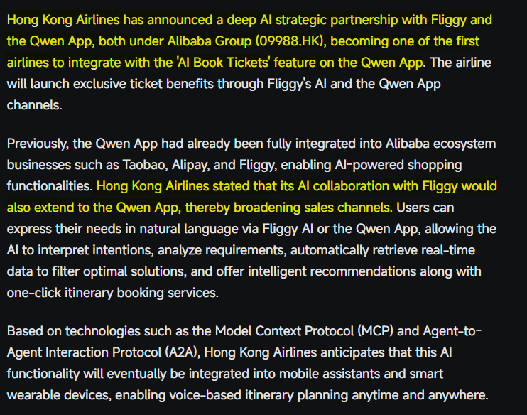 dyz_ob's tweet image. $BABA : Hong Kong Airlines has entered into a deep AI strategic cooperation with Alibaba (09988.HK), Fliggy, and the Qwen app.