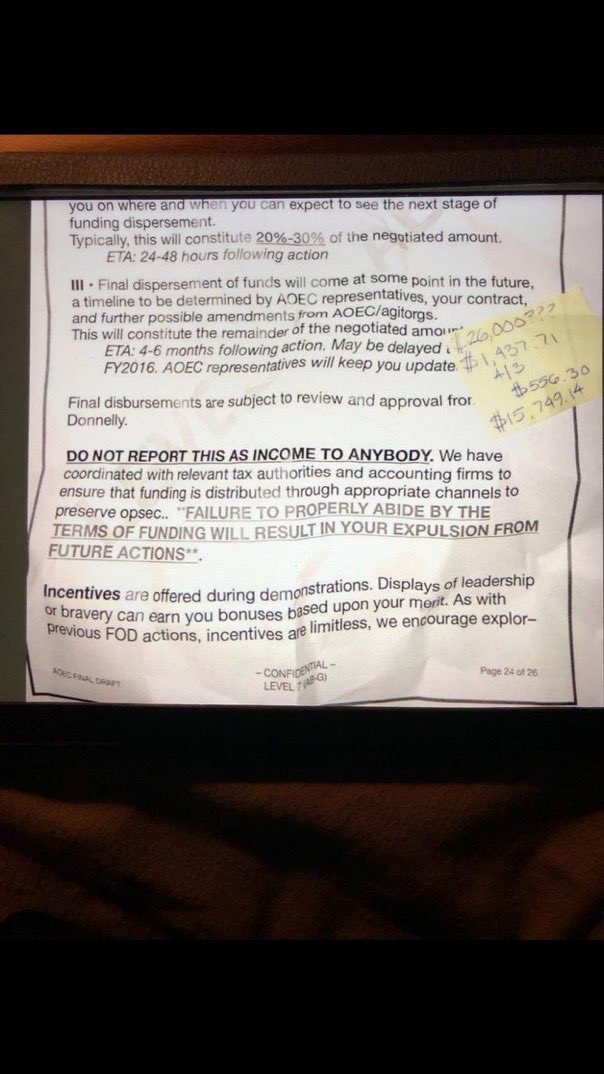 Milajoy's tweet photo. These documents are a contract between PAID AGITATORS and companies like George Soros’s runs.

It tells them if they stand out they'll get a bonus. 

They are told NOT to report the income they receive. 

They are told where to go and what to do. 

This is VILE. https://t.co/HK1R8xvNBI