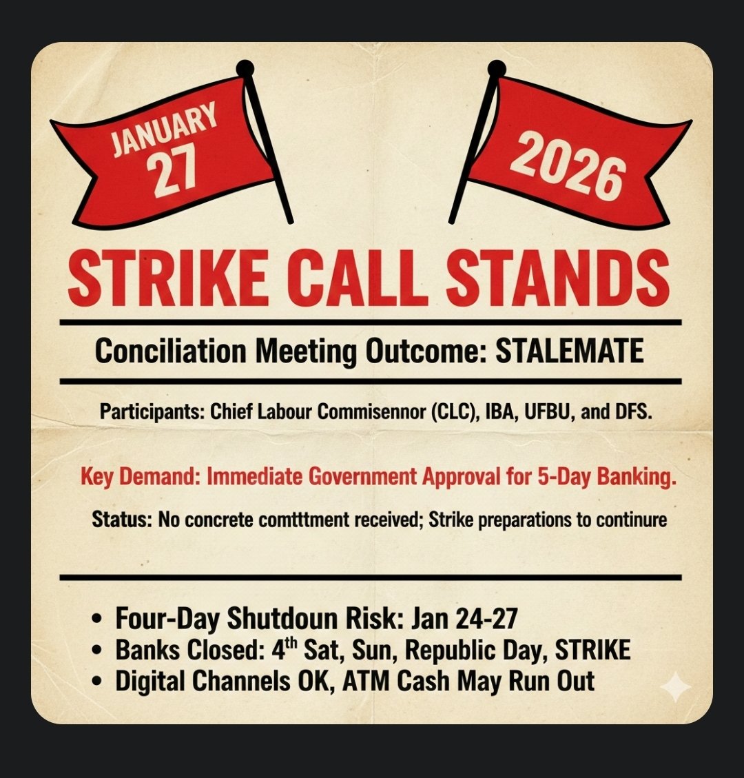 barsima77's tweet photo. Key updates from recent developments on CLC meeting with UFBU and IBA

Talks failed to reach a settlement on the 5 day banking demand.

The meeting was adjourned, with another round held or scheduled for Jan 23, 2026 (around 3:30 PM in some reports).

The proposed nationwide bank strike by UFBU (United Forum of Bank Unions) on January 27, 2026 remains unchanged  banks are expected to stay closed that day, impacting services.

This involves nearly 8 lakh bank employees/officers pushing for better work life balance, aligning with practices in RBI/government offices.

No major breakthrough reported yet government/DFS pushback and management pressures on senior officers noted in discussions.
@DFS_India @PMOIndia
@aiboc_in @UFBUIndia @ChairmanIba @FinMinIndia