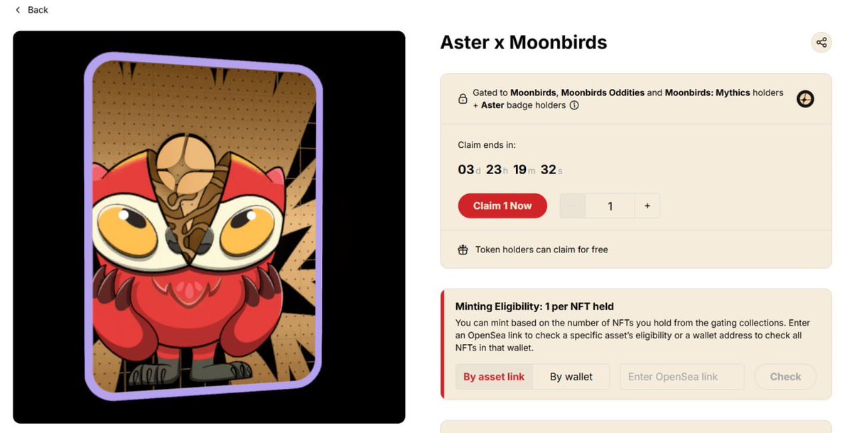 CryptoDevaETH's tweet image. Update @moonbirds × @Aster_DEX SBT LIVE

Eligible users can now claim 

• Rocket Launch / Trade Arena users on Aster
• Top Aster volume users
• Moonbirds / Oddities / Mythics holders
• Aster Badge holders

Mint: minting.moonbirds.com/minting/contra…

Ends in 3 days