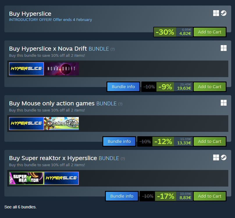Hyperslice is bundled with awesome games: <a href="/NovaDriftGame/">Nova Drift</a>, Identifile (<a href="/sylver_dev/">SylverDev - Identifile OUT NOW!</a>) and <a href="/SuperReaKtor/">Super reaKtor - Try now on Steam!</a>  🔥