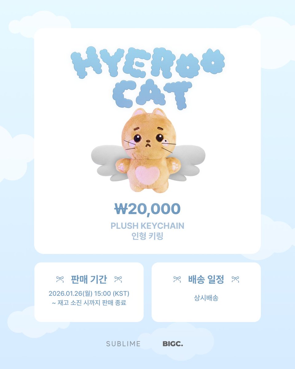 bigc_kr's tweet image. 2026 HYERI SEASON’S GREETINGS ✨MD RE-OPEN✨
🪽'HYEROO CAT’ PLUSH KEYCHAIN🪽

혜루미들의 성원에 보답하고자 다시 돌아온  HYEROO CAT, 
이번엔 놓치지 말고 꼭- 안아주세요💕

🗓판매 기간: 2026.01.26(월) 15:00(KST) ~ 소진 시 판매 종료
🛒go.bigc.im/4qLiWCP

#HYERI #혜리
#SUBLIME