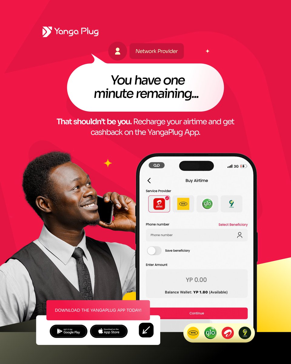 yangaplug's tweet photo. Don’t miss out 👀
Recharge your airtime on YangaPlug and earn instant cashback.
Download the app today.
#YangaPlug #lifeiseasierhere #pluginwithus #billpayments https://t.co/eqKsmvwDuI