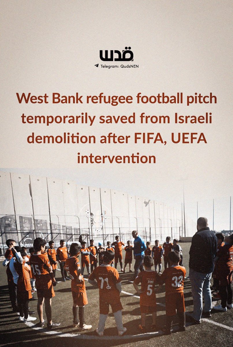 QudsNen's tweet image. A football pitch in the Aida refugee camp in the occupied West Bank, adjacent to the apartheid wall, serving over 250 Palestinian children, has been temporarily spared from demolition after interventions by FIFA president Gianni Infantino and UEFA president Aleksander Ceferin.…