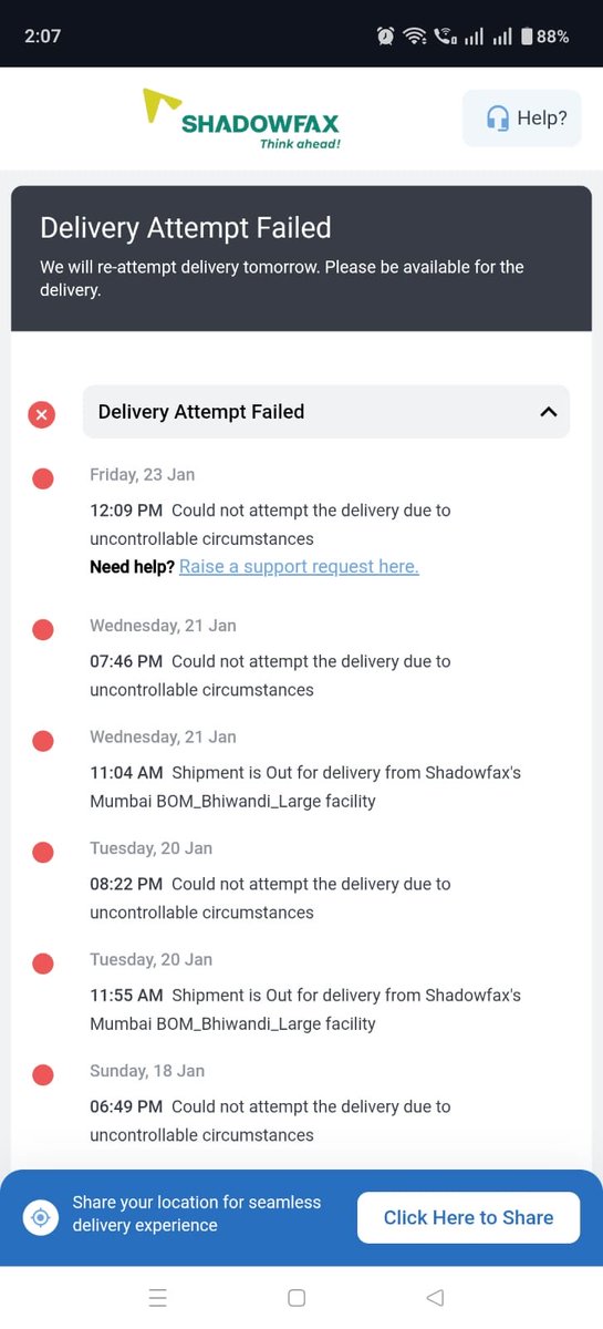 Narensgh's tweet photo. @shadowfax_in I have DMed you the details. Also attaching the screenshot of the updates I receive on delivery. https://t.co/F8xBT4vH97