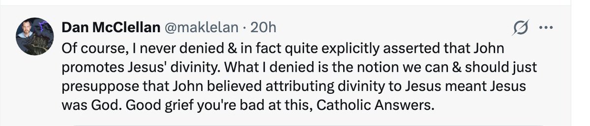 WillbertK's tweet photo. This is deception. Just as in Genesis 3, it relies not on denial but on redefinition. The serpent does not contradict God, he narrows meaning until truth is hollowed out. “Did God really say…?” becomes What did God really mean? That is the move being used here.

“Divinity” is affirmed, then quietly redefined so its natural conclusion is stripped of force. 
Doubt is produced without argument, ambiguity without honesty. Meaning is destabilized first, then authority is asserted through dismissal, “Good grief you’re bad at this.” Substance is avoided, posture replaces engagement.

And a reminder to all: Christian faith is not governed by academic consensus, but by Spirit-filled and God-called witness. One may claim authority in academic discourse and yet possess none in the Kingdom. Dan may wear a crown in that realm if he chooses. I would rather stand under the King, as a servant.
